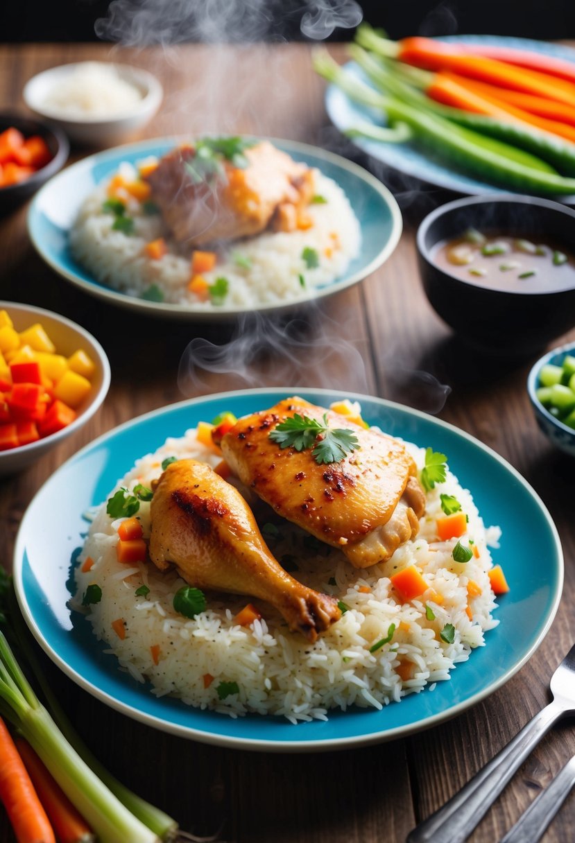 A steaming plate of rice and chicken surrounded by colorful vegetables on a wooden table